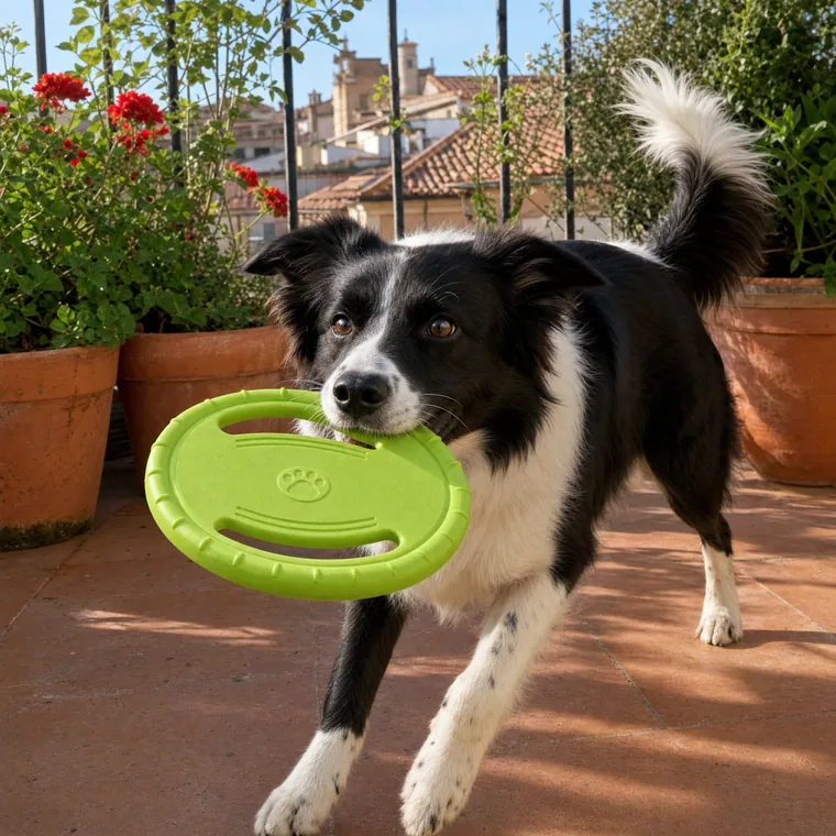 Border collie in balcone con il frisbee in bocca