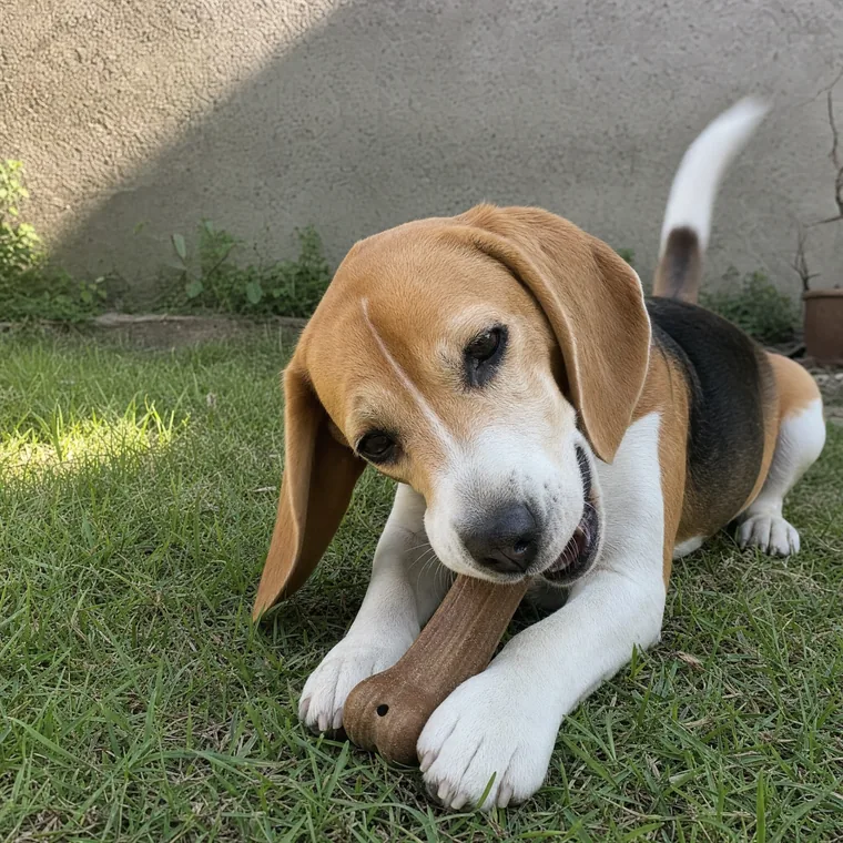 Beagle in giardino che rosicchia l'osso in bambù