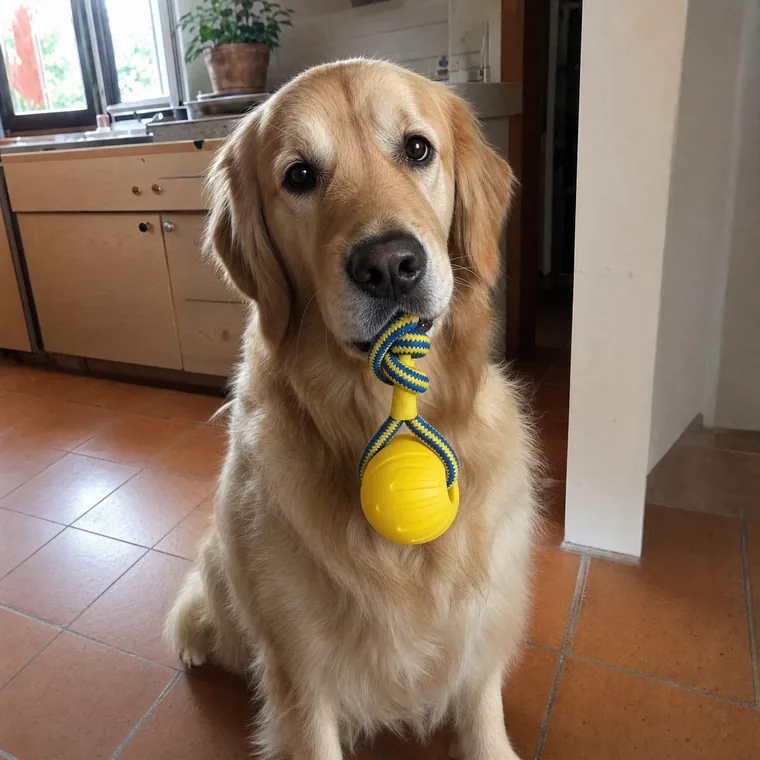 Golden retriever con la palla in gomma in bocca, in cucina