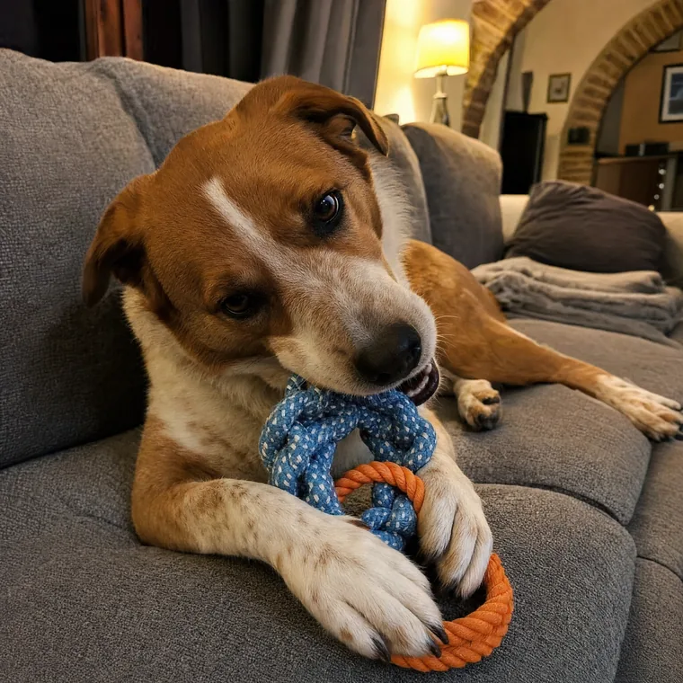 Cane meticcio sul divano con la corda intrecciata fra le zampe