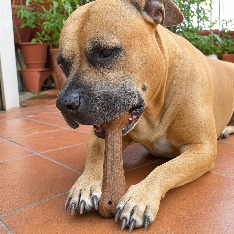 Zeus, amstaff, che rosicchia l'osso in bambù