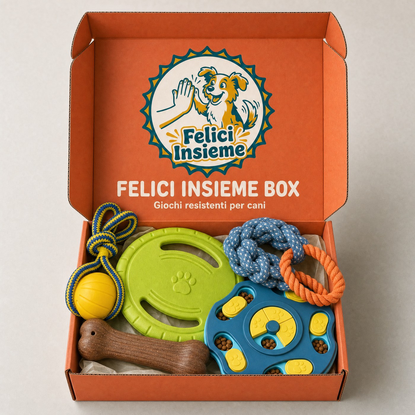 Felici Insieme BOX aperta con cinque giochi dentro