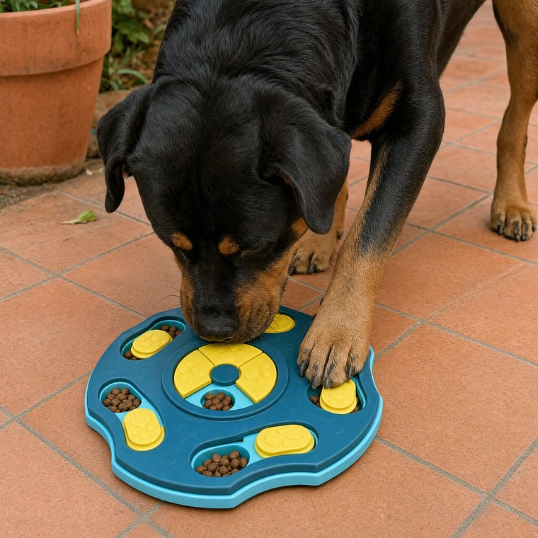 Kira, rottweiler, che sposta le tessere del puzzle