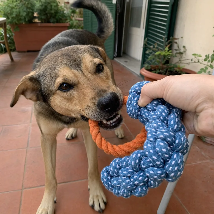Cane che tira il doppio anello di corda