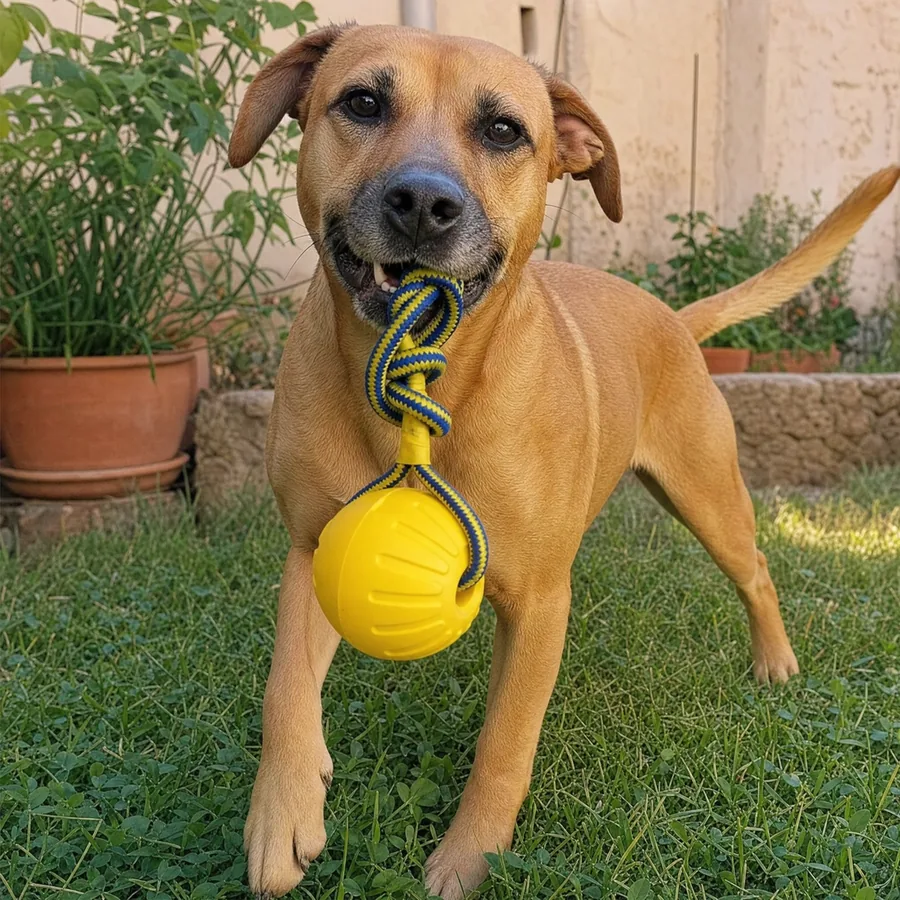 Cane che gioca con la palla in gomma piena