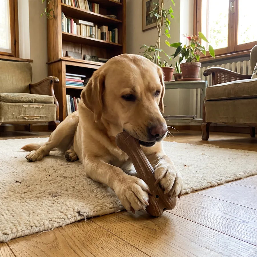 Cane con l'osso in bambù in salotto