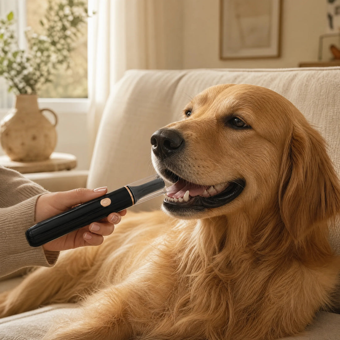 Cane a casa durante una sessione breve di pulizia denti con spazzolino a ultrasuoni