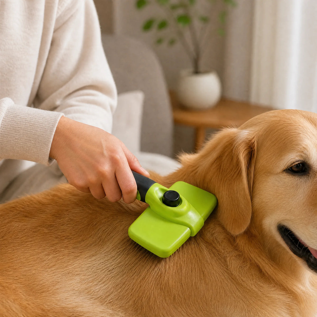 Cane a pelo medio spazzolato in casa durante la muta autunnale