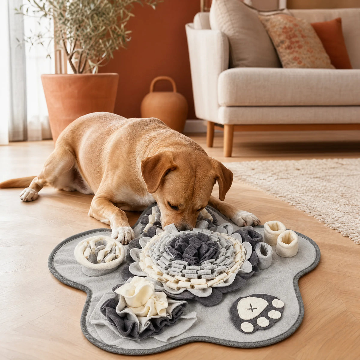 Cane di taglia media annusa il tappeto olfattivo del Kit FiutaSnack sul parquet del salotto in cerca delle crocchette nascoste