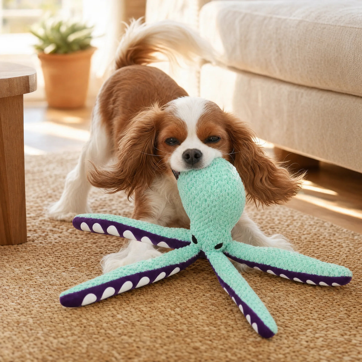 Cucciolo che morde il polpo peluche verde gioco interattivo