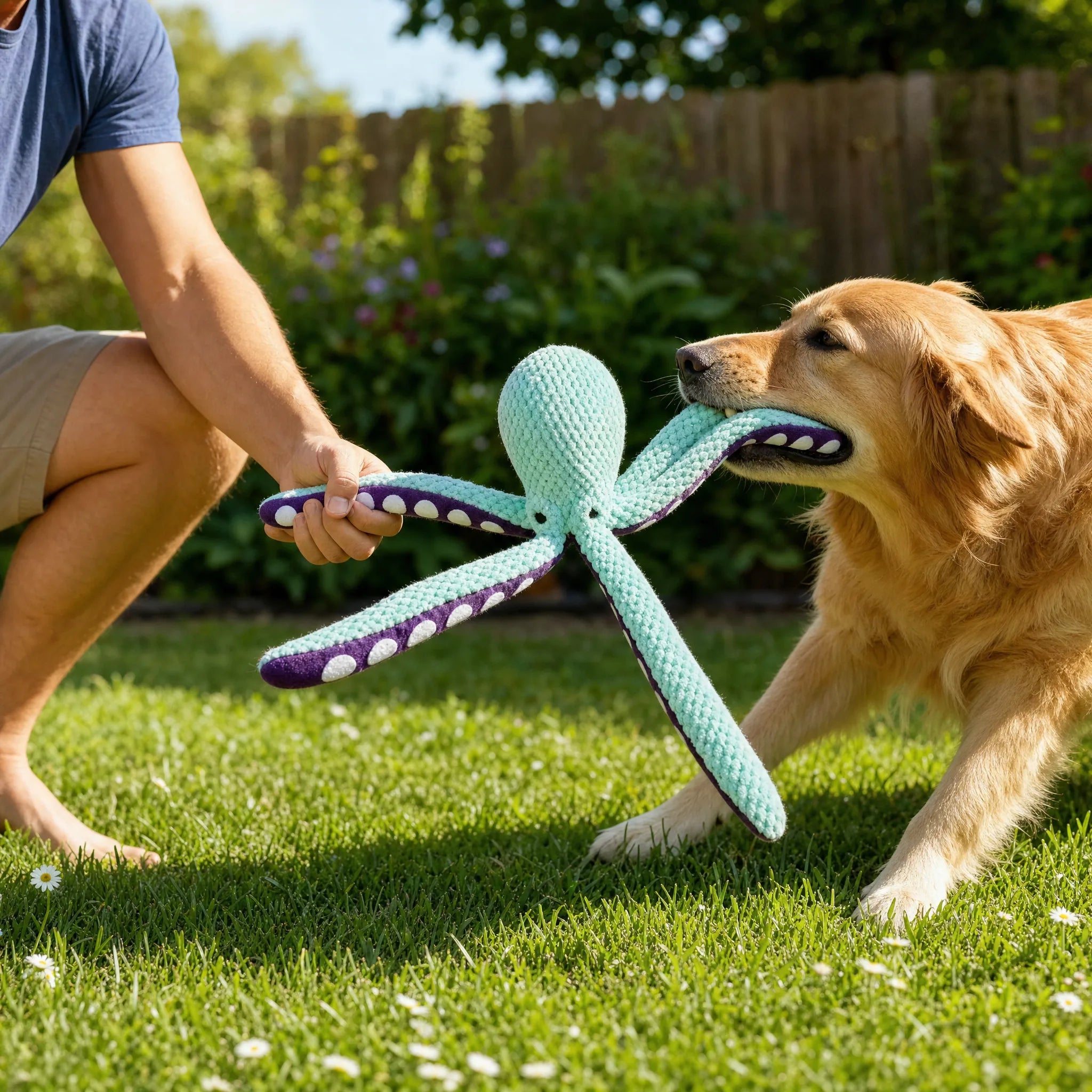 Gioco del tiro con il polpo peluche per cani in giardino