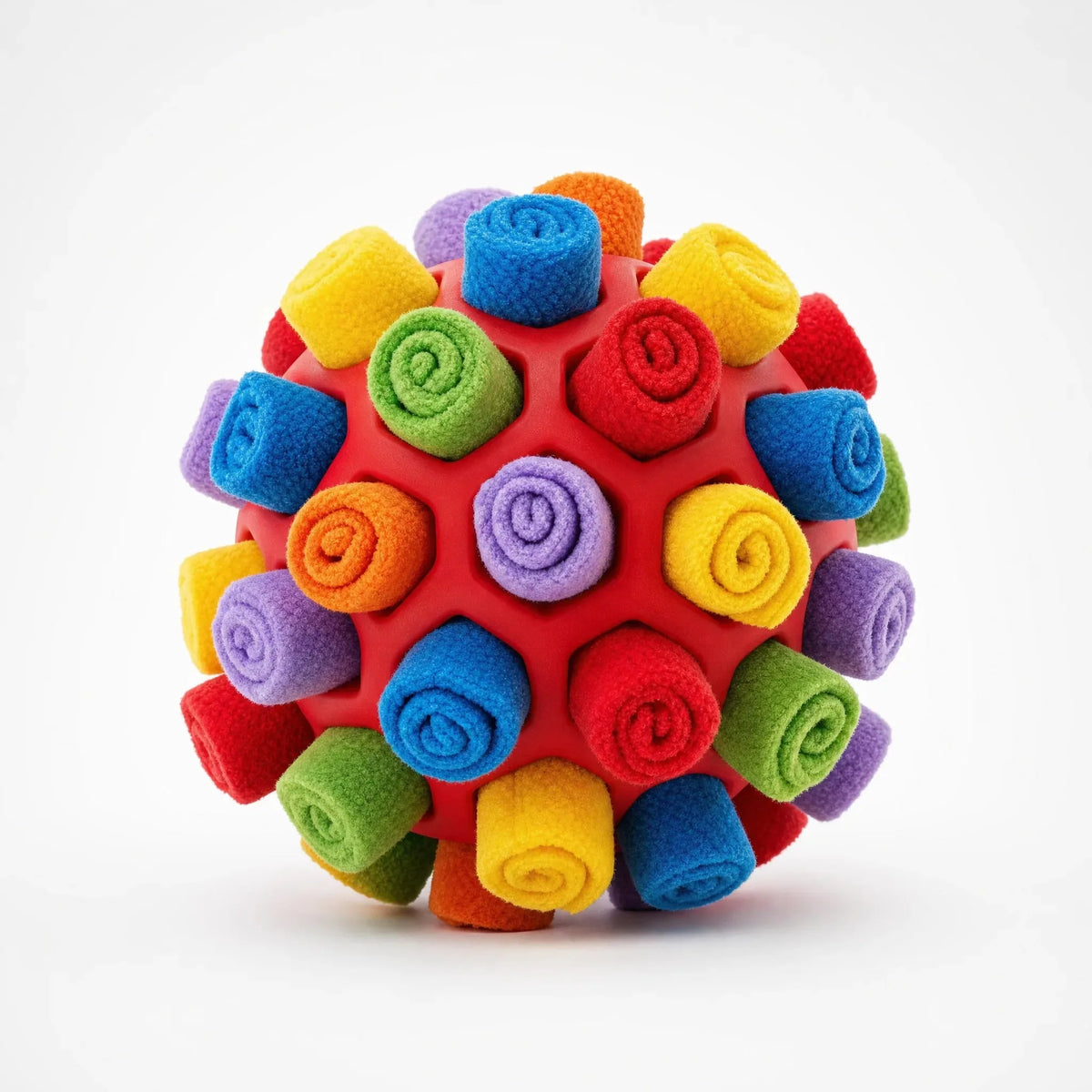 SniffBall, palla olfattiva in pile colorato del Kit FiutaSnack per nascondere gli snack, sfondo bianco