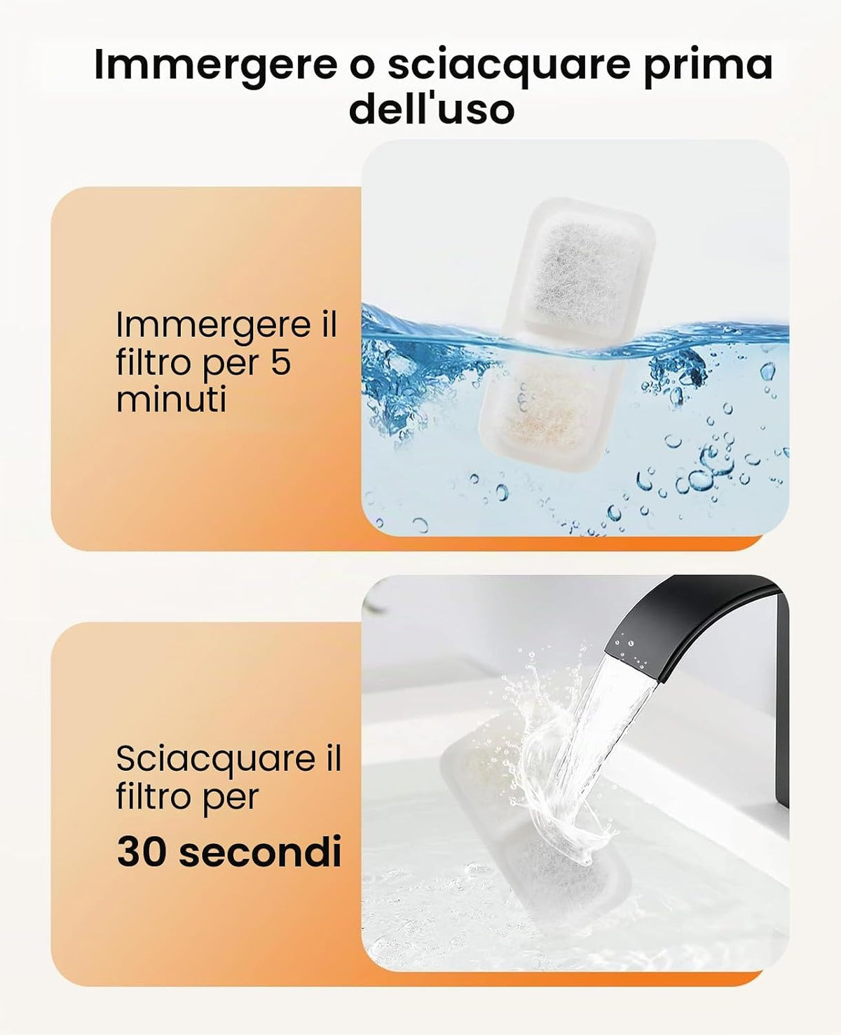 Come preparare il filtro: immergerlo per 5 minuti e sciacquarlo per 30 secondi prima dell uso