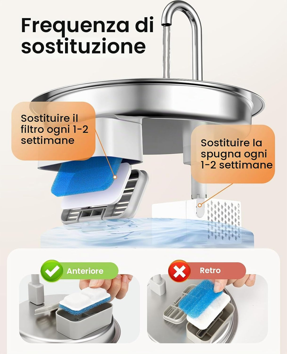 Frequenza di sostituzione del filtro e della spugna e verso corretto di montaggio nella fontanella