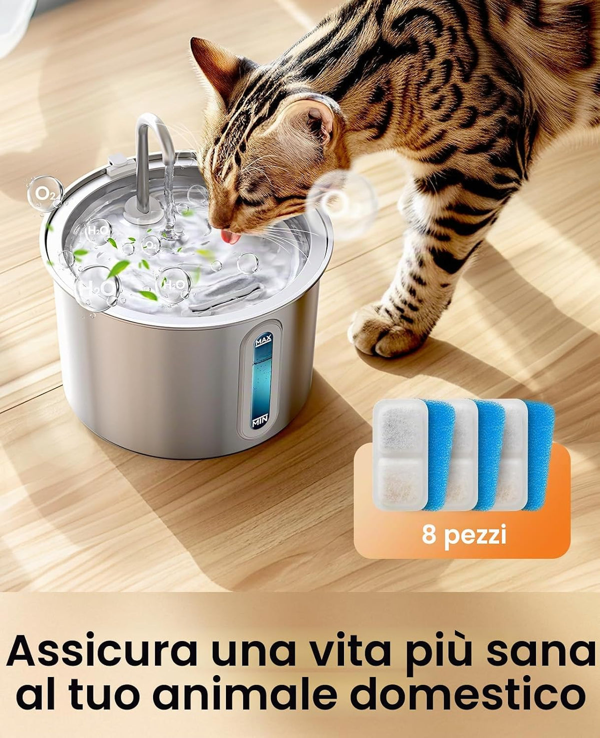 Animale che beve dalla fontanella in acciaio inox con accanto i filtri di ricambio