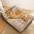 Cuscino calmante per cani marrone con golden retriever che dorme in salotto