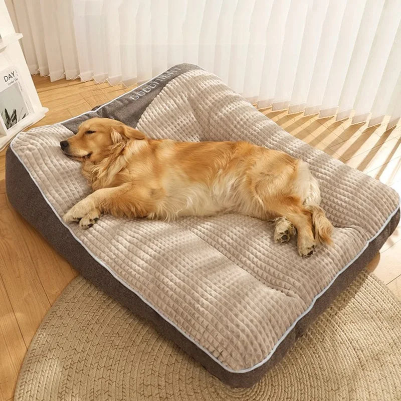 Cuscino calmante per cani marrone con golden retriever che dorme in salotto