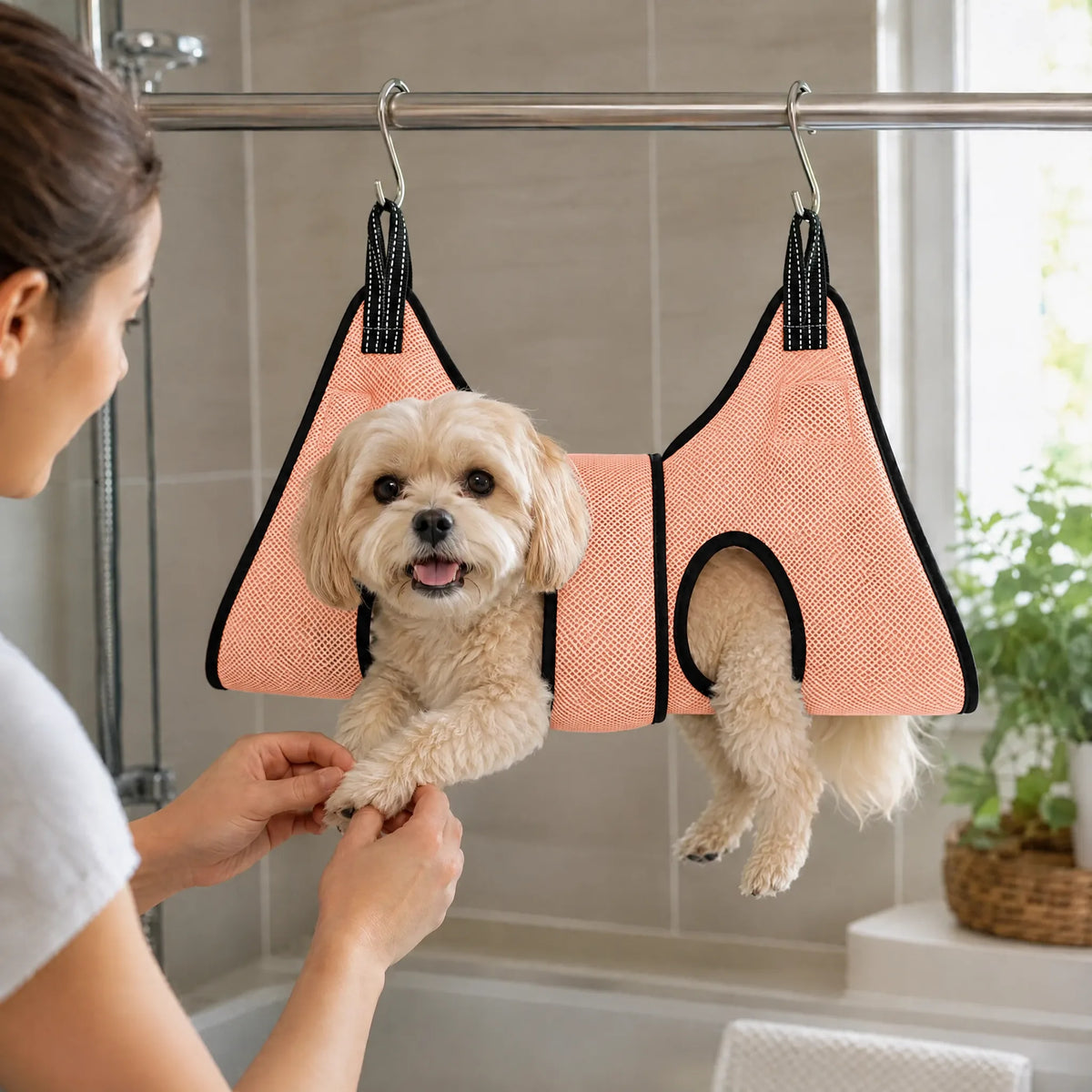 Cane piccolo nell amaca toelettatura arancio in bagno, zampe nei fori