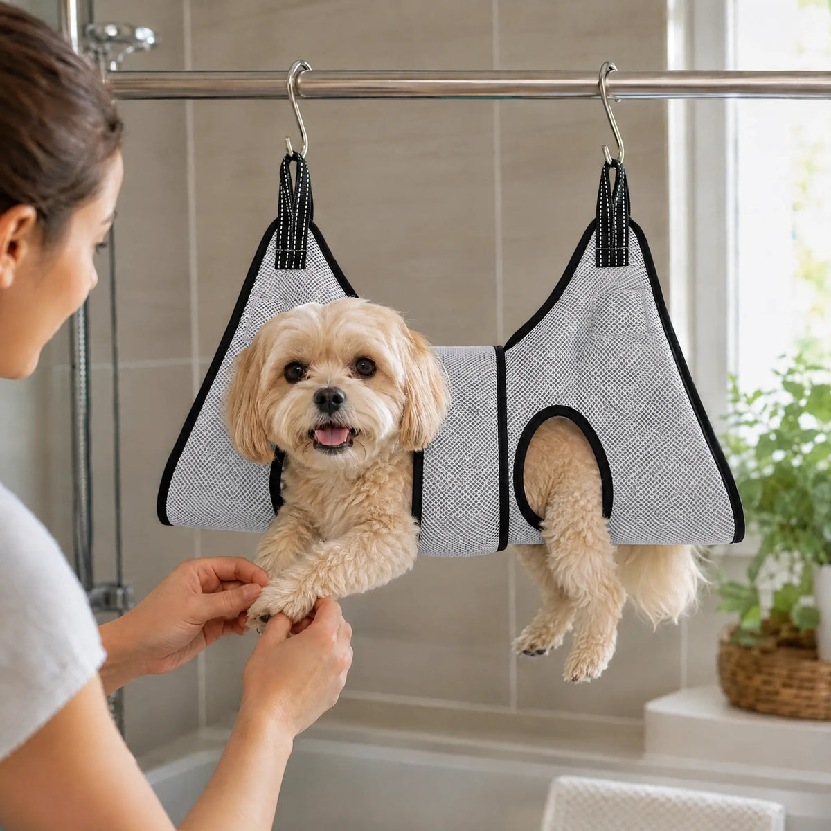 Cane piccolo nell amaca toelettatura grigia in bagno, zampe nei fori