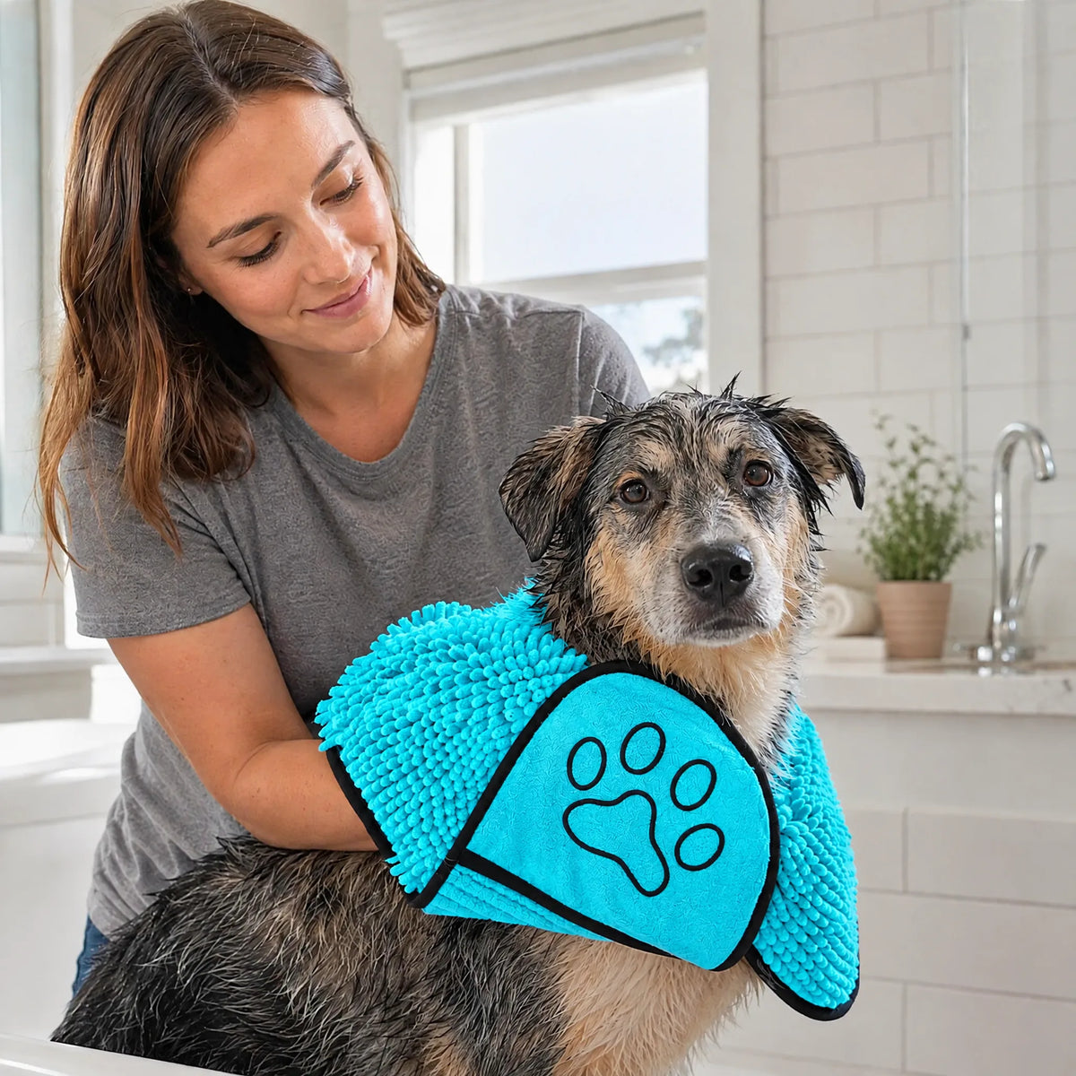 Cane asciugato dopo il bagno con asciugamano in chenille azzurro