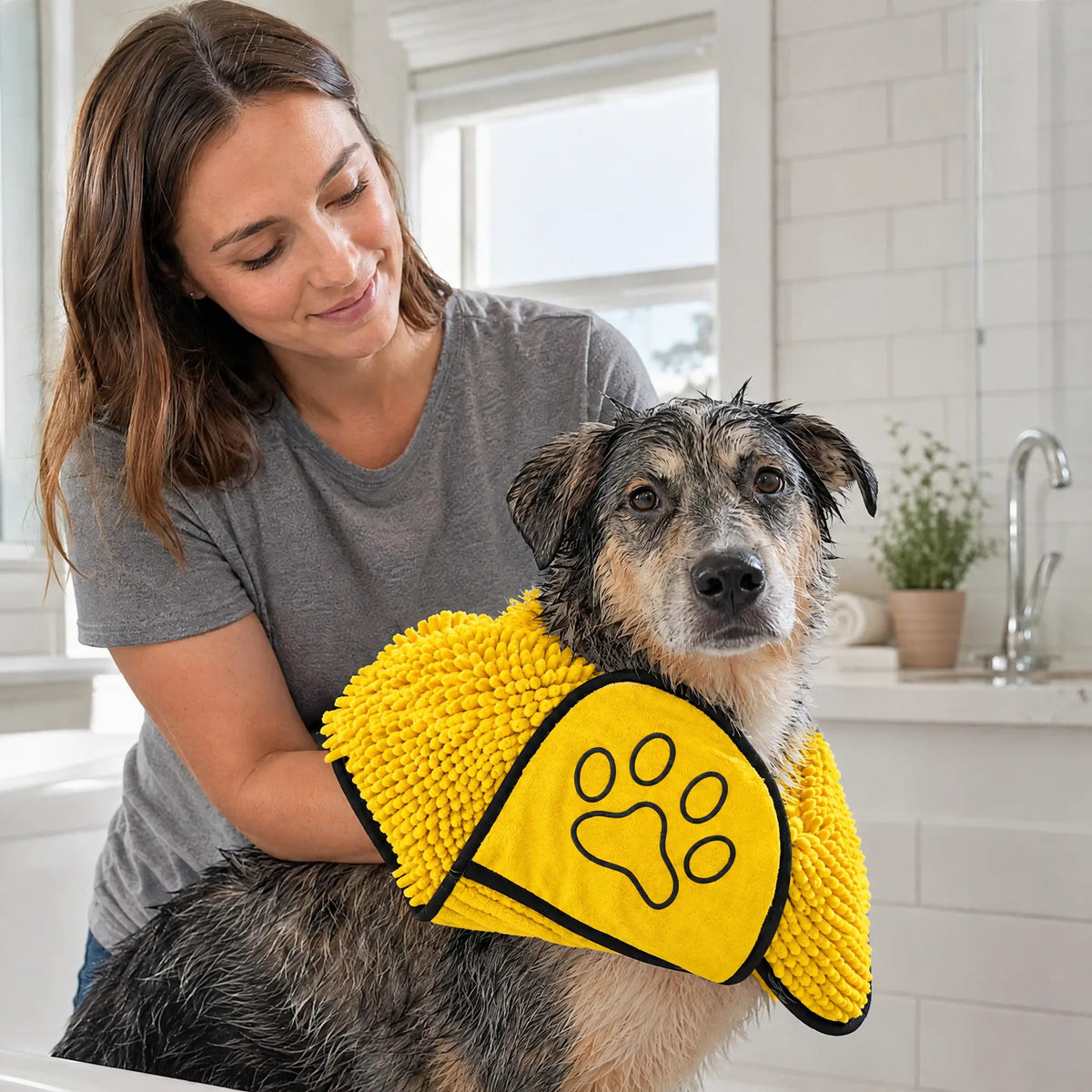 Cane asciugato dopo il bagno con asciugamano in chenille giallo