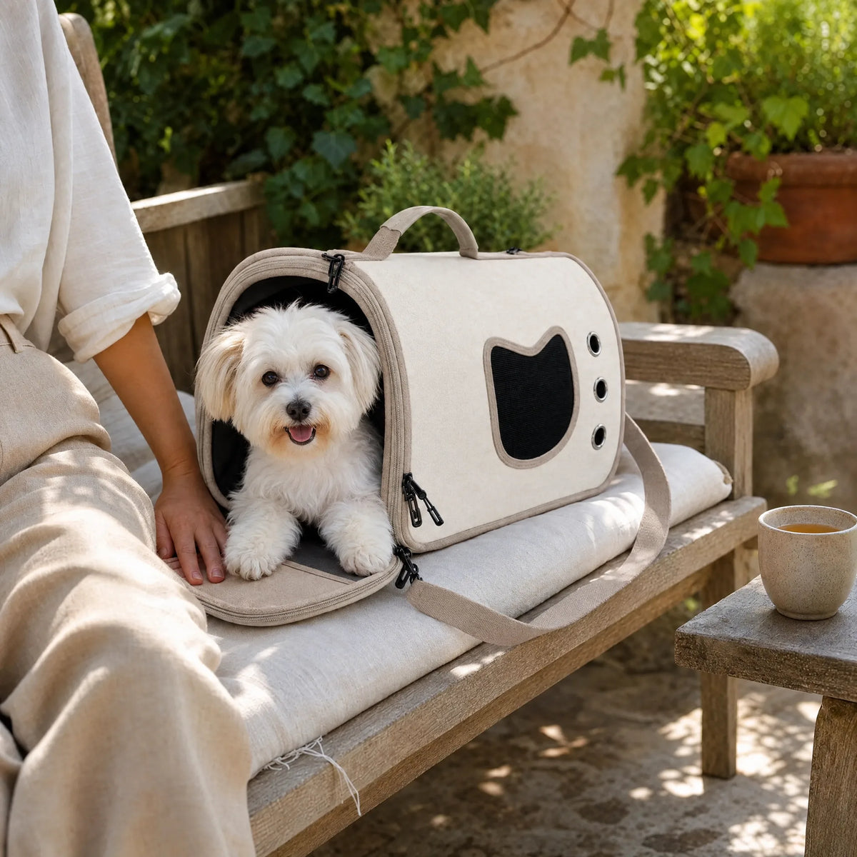 Cane di piccola taglia si affaccia dalla borsa trasportino pieghevole bianca