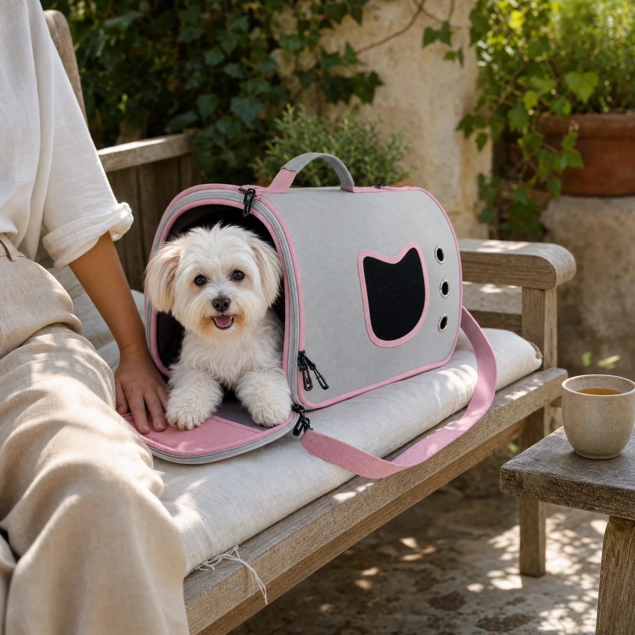 Cane di piccola taglia si affaccia dall’apertura anteriore della borsa trasportino su una panchina in giardino