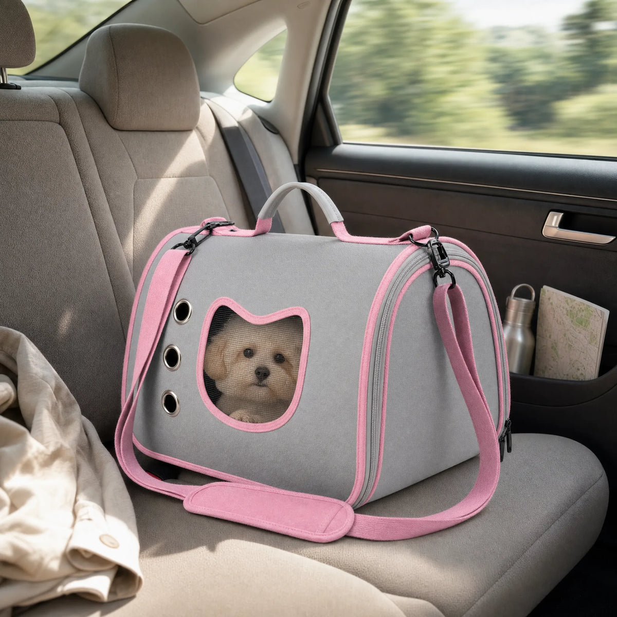 Borsa trasportino con cane visibile dal pannello a rete, poggiata sul sedile posteriore durante un viaggio in auto