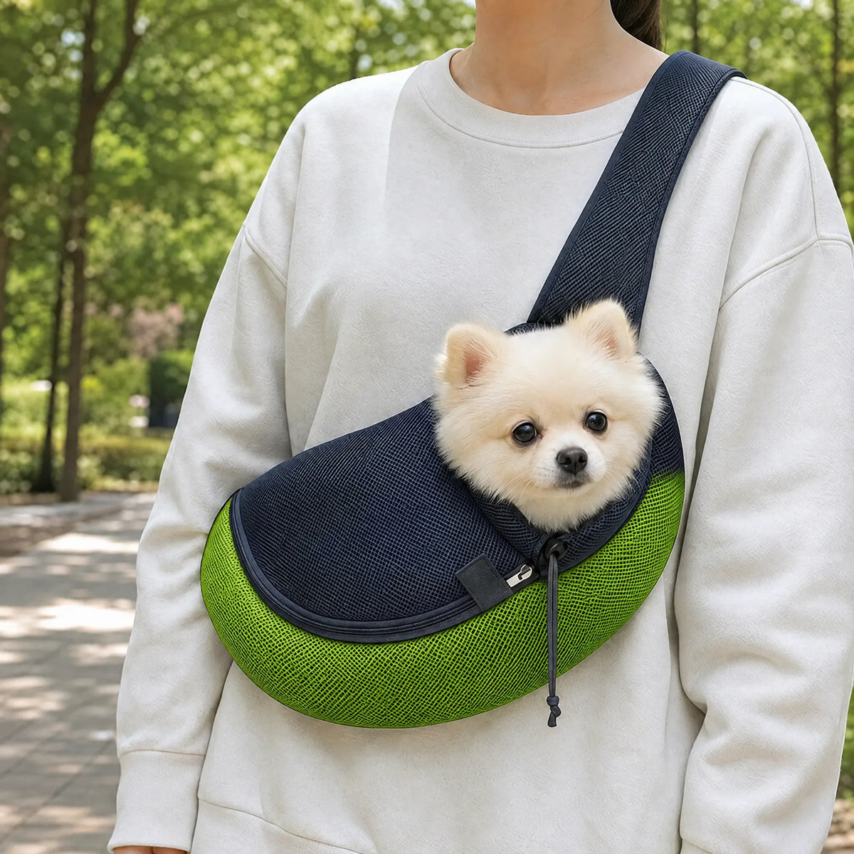 Cane nella borsa trasporto a tracolla verde con fondo verde brillante indossata al parco