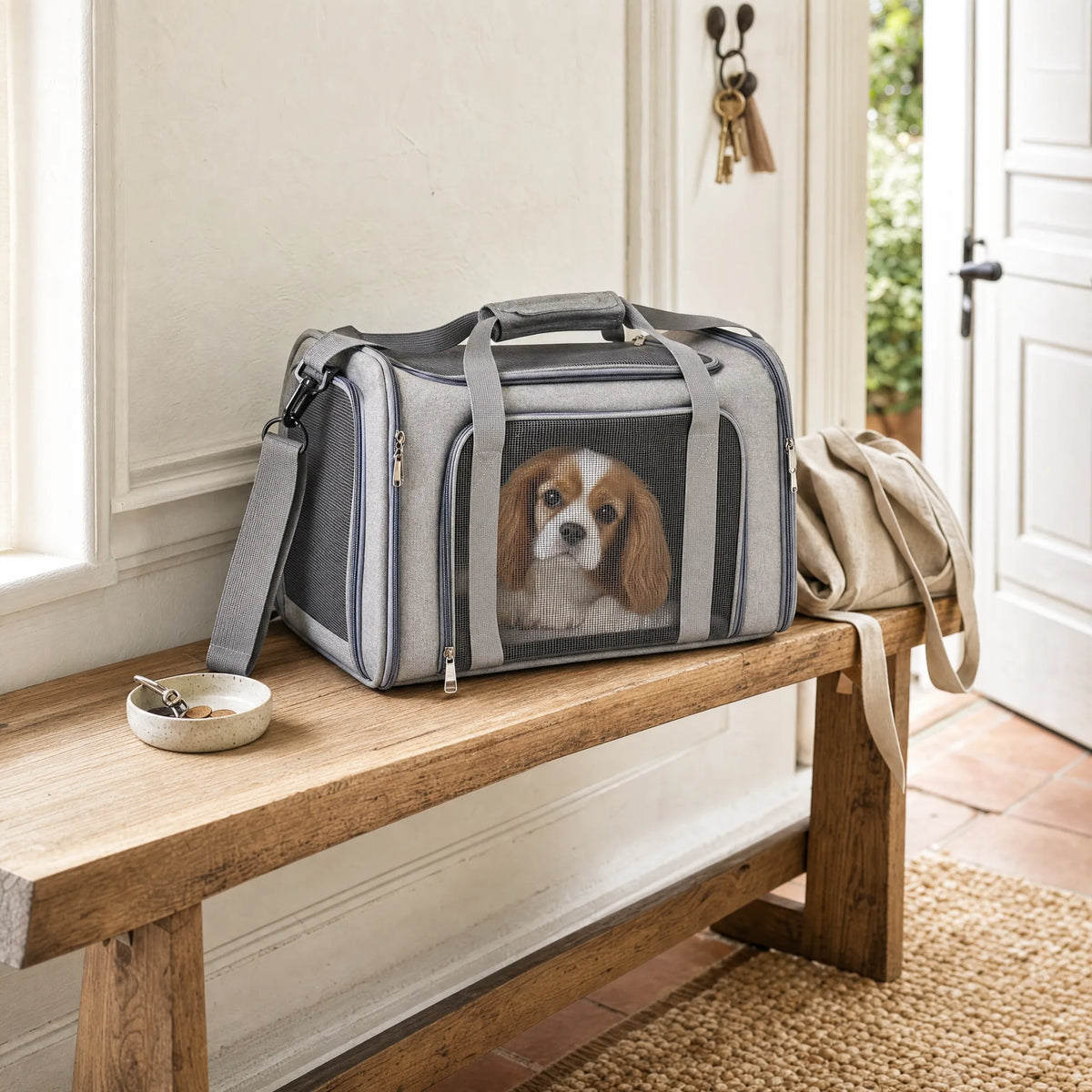 Borsa da trasporto per cani appoggiata su una panca all'ingresso di casa con un cane accanto
