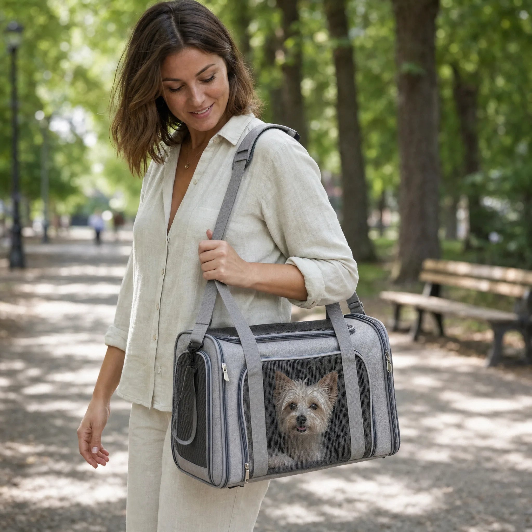 Donna che porta a spalla la borsa da trasporto per cani durante una passeggiata al parco