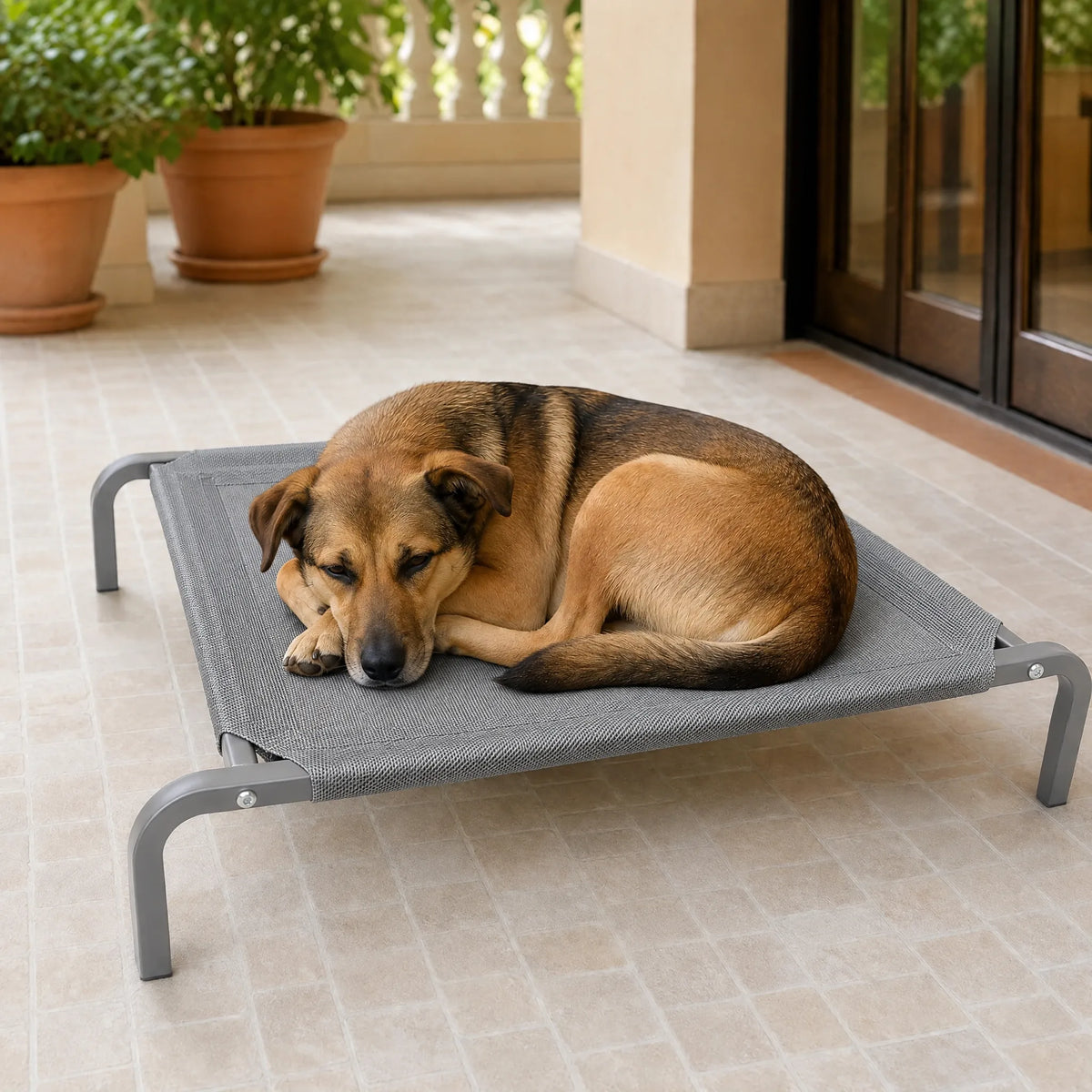 Cane sdraiato in terrazza sulla brandina rialzata grigia
