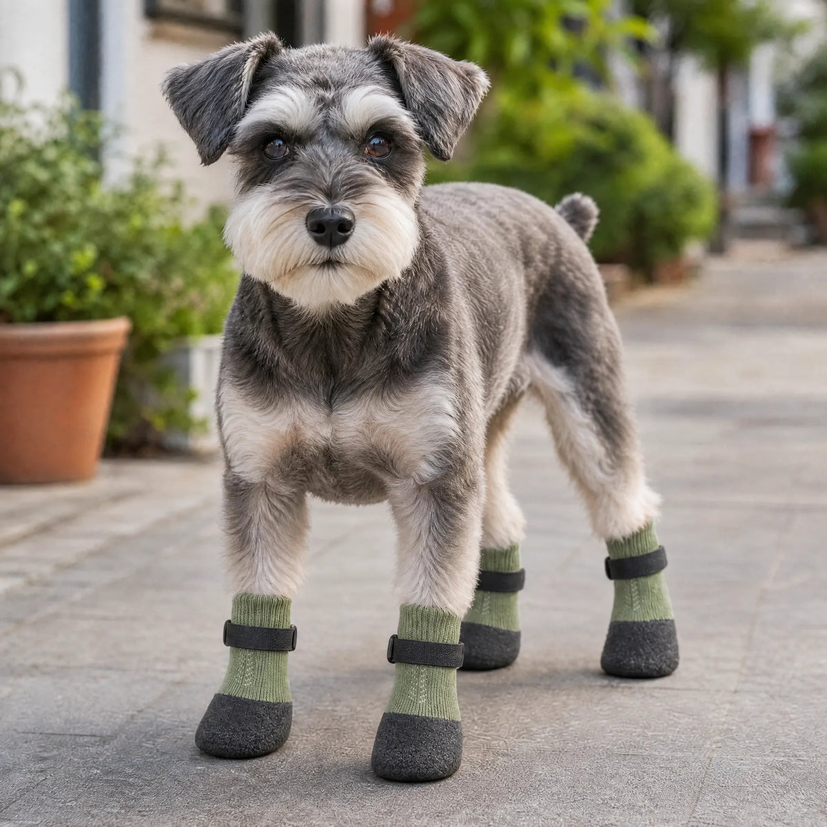 Cane che passeggia sul marciapiede con i calzini antiscivolo verde oliva