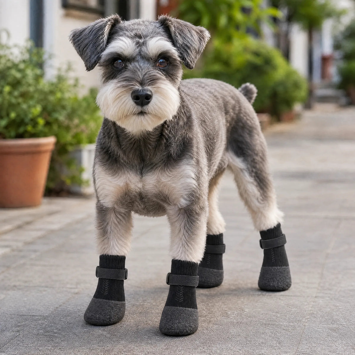 Cane che passeggia sul marciapiede con i calzini antiscivolo neri