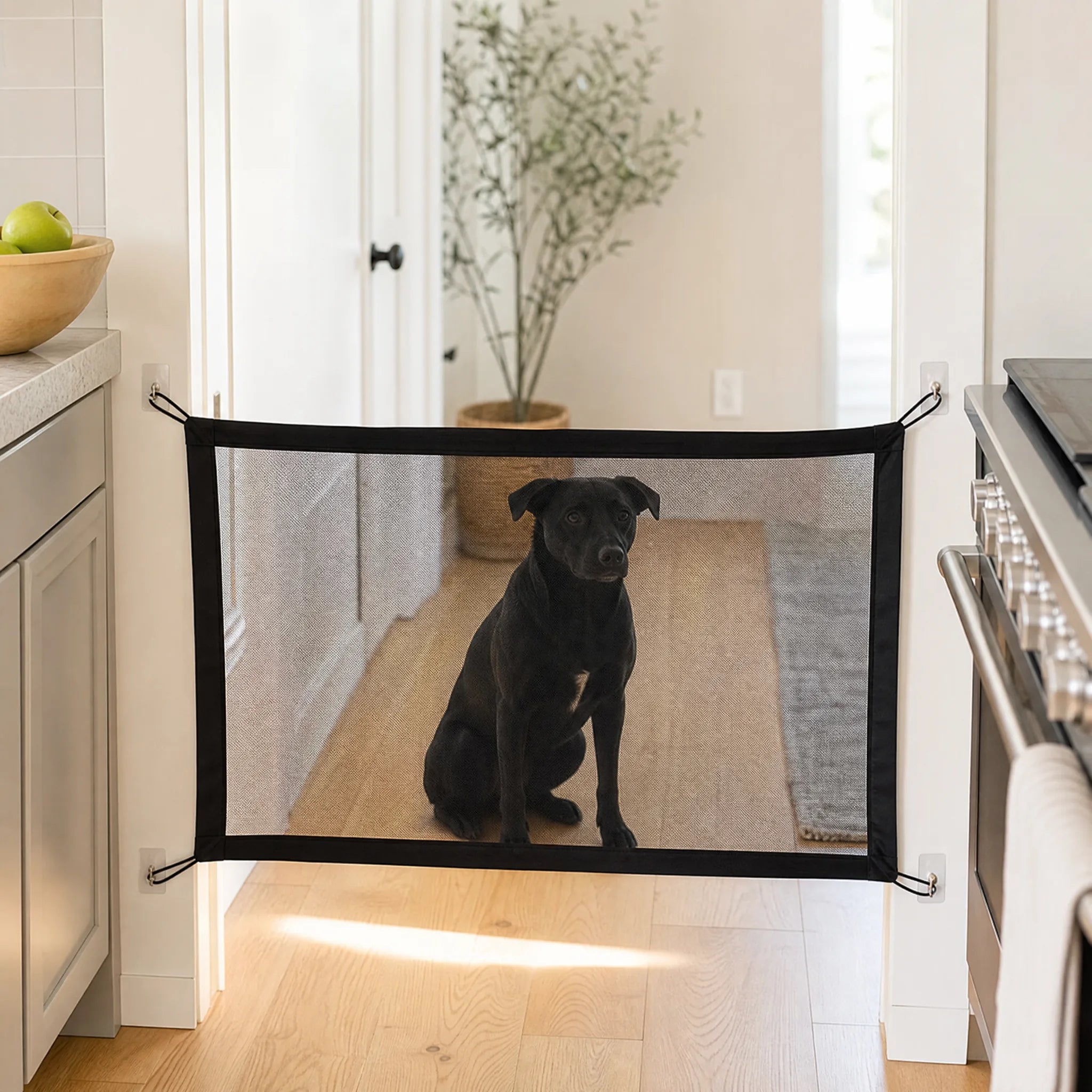 Cancelletto a rete per cani all'ingresso della cucina, cane che guarda attraverso la rete