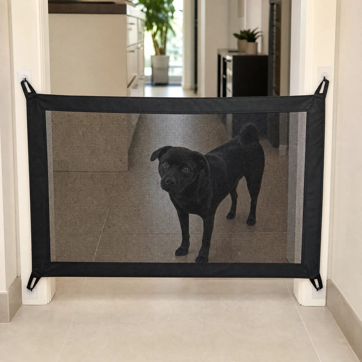 Cancelletto a rete per cani installato su una porta di casa, cane nero dietro la rete