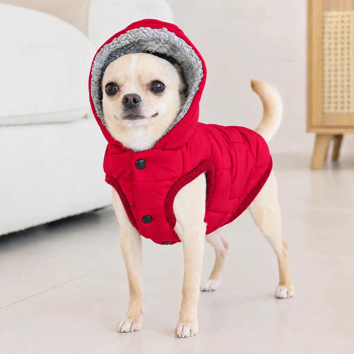 Chihuahua in casa con cappottino imbottito rosso e cappuccio foderato