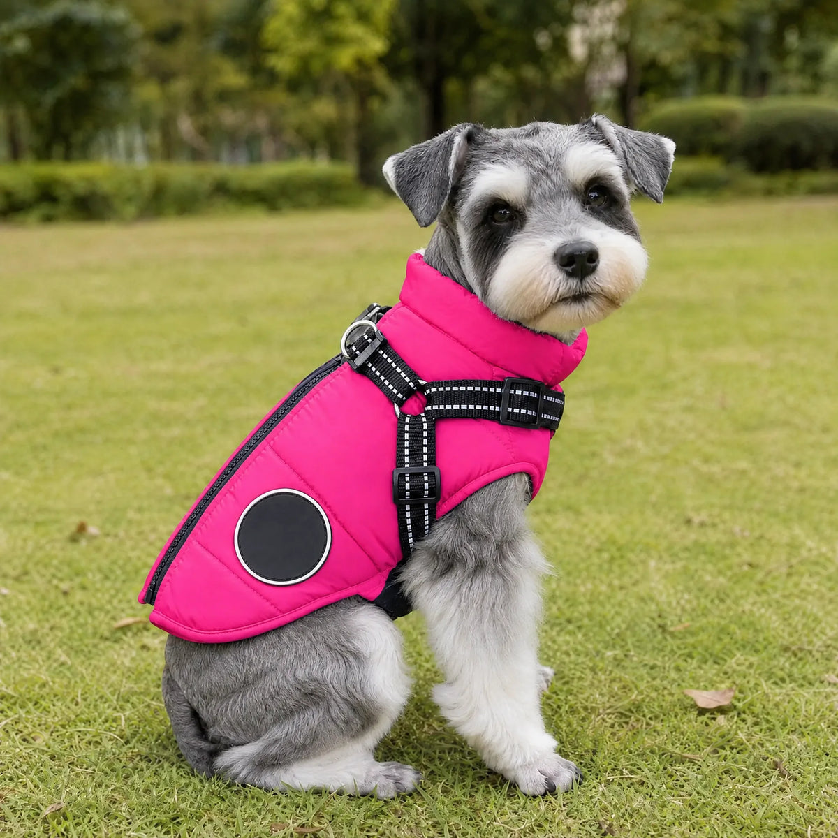 Cane seduto sul prato con cappottino imbottito fucsia e pettorina integrata