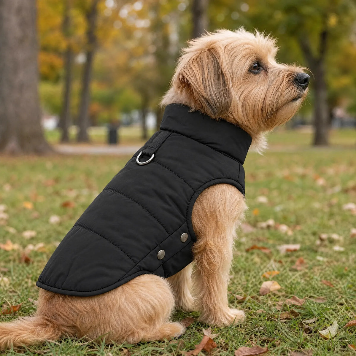 Cane che passeggia al parco con il cappottino impermeabile nero