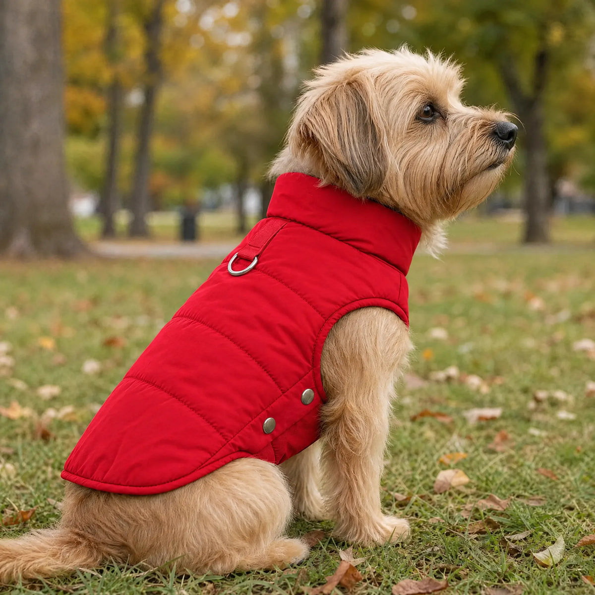 Cane seduto al parco con il cappottino impermeabile rosso
