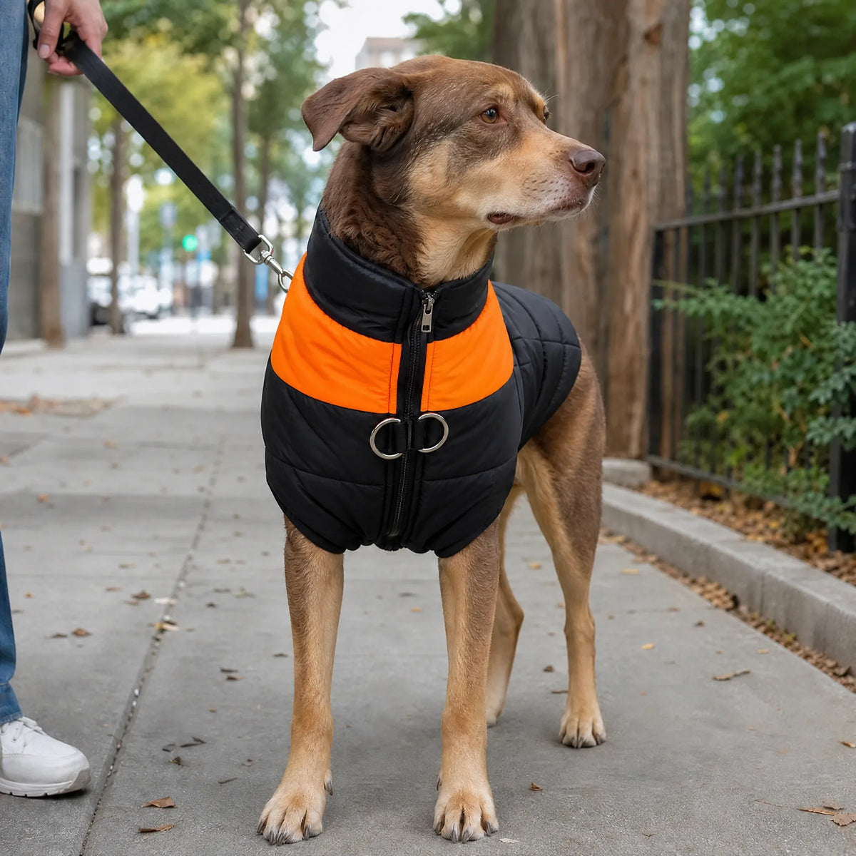 Cane al guinzaglio in città con il gilet imbottito nero e arancione con zip