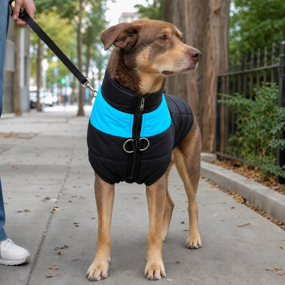 Cane al guinzaglio in città con il gilet imbottito nero e blu con zip