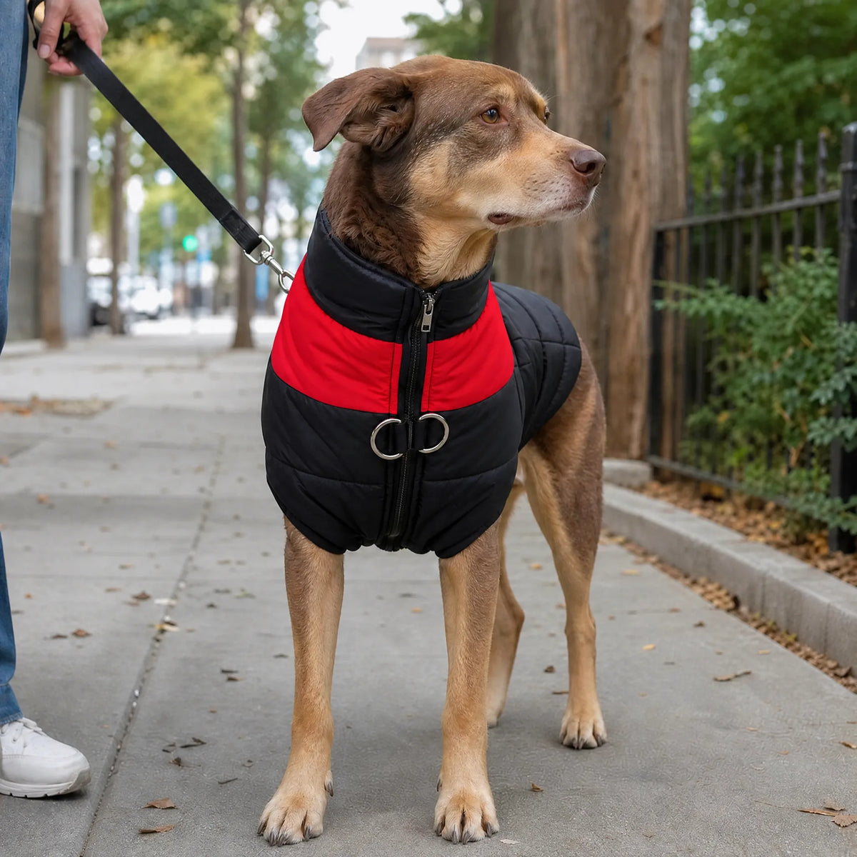 Cane al guinzaglio in città con il gilet imbottito nero e rosso con zip