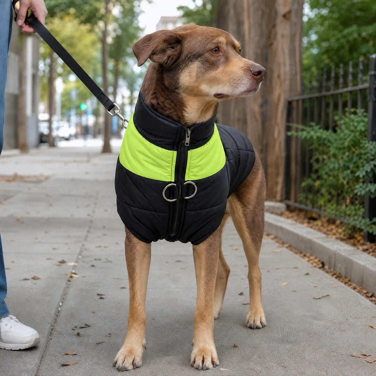 Cane al guinzaglio in città con il gilet imbottito nero e verde con zip