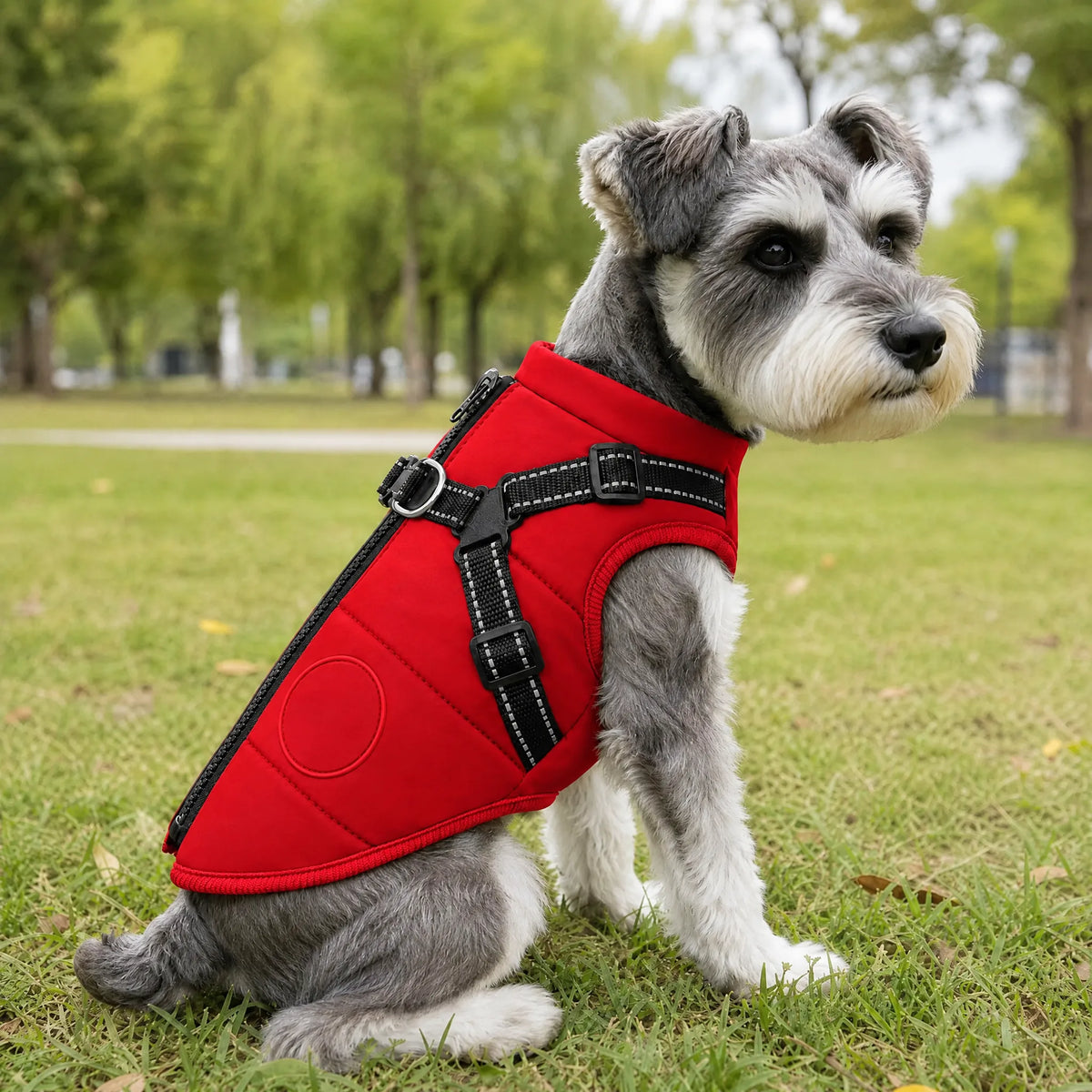 Cane all'aperto con il cappotto impermeabile rosso e pettorina integrata