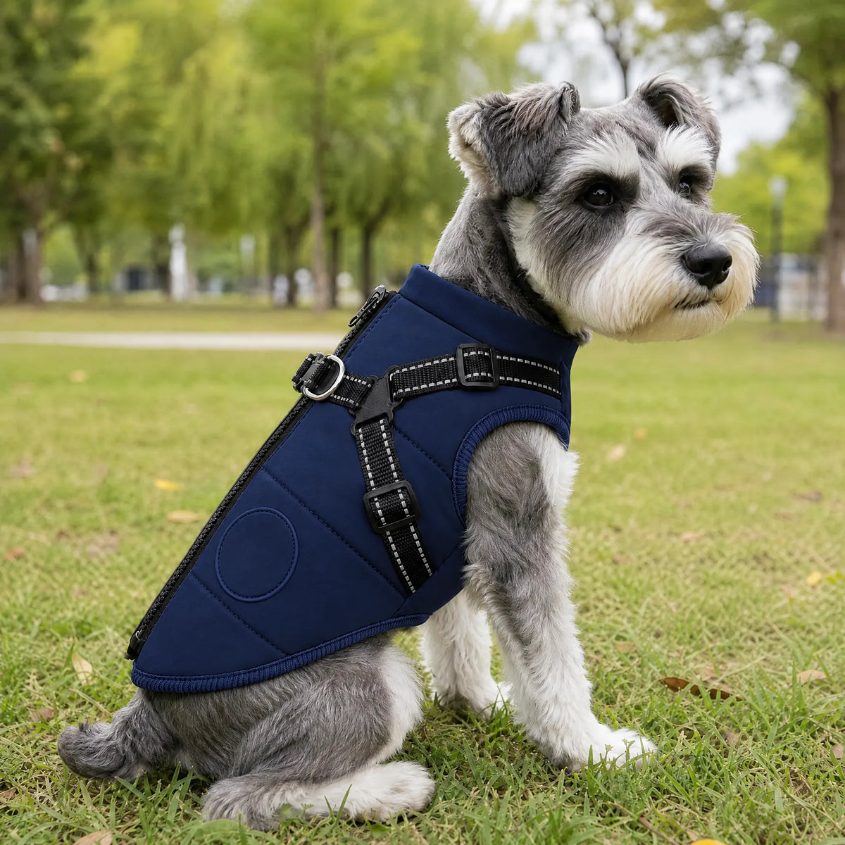 Cane seduto al parco con il cappotto impermeabile blu navy e pettorina integrata