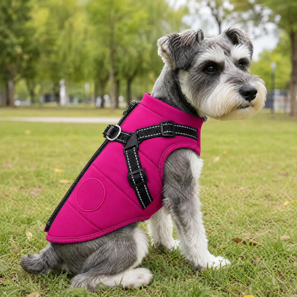Cane seduto al parco con il cappotto impermeabile fucsia e pettorina integrata