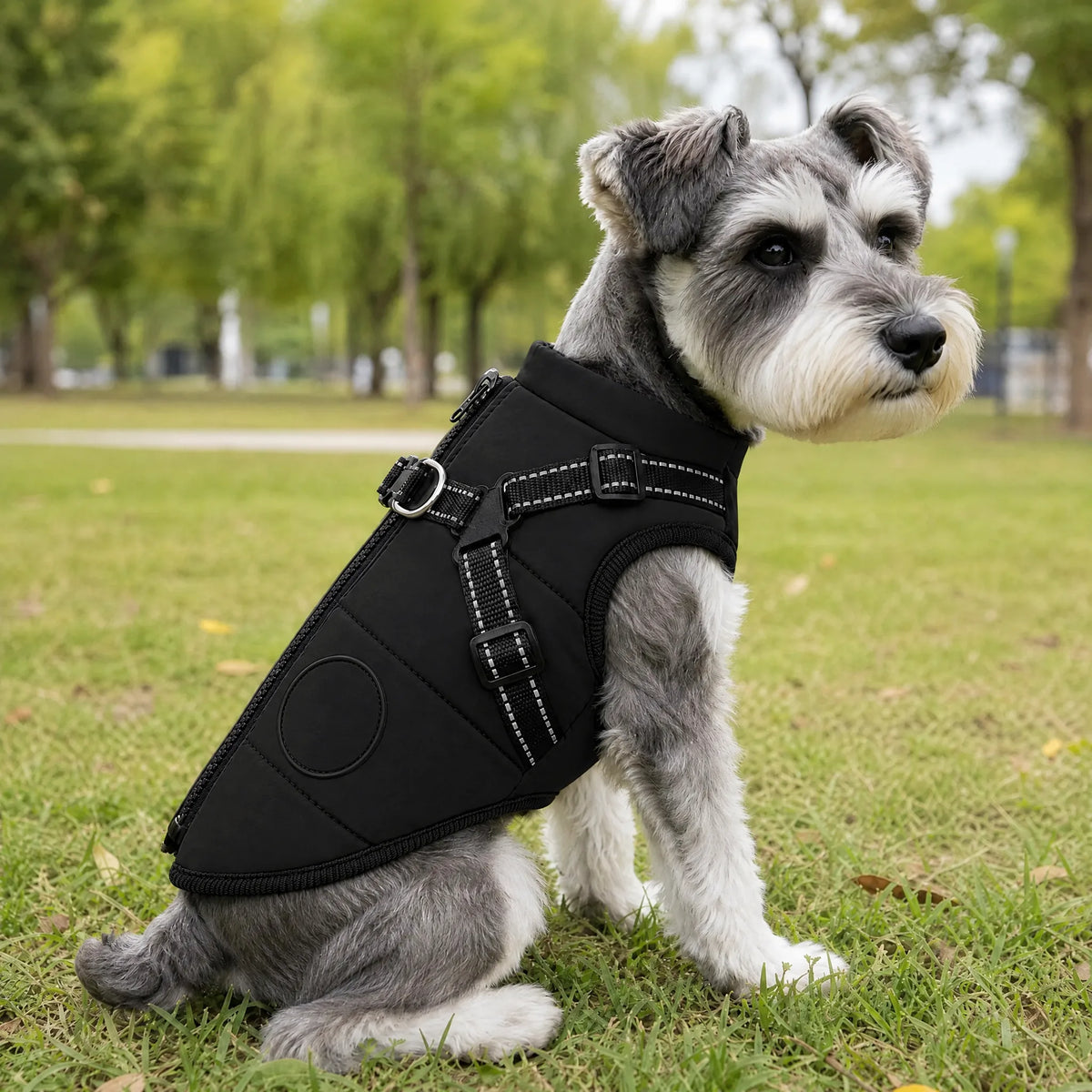 Cane seduto al parco con il cappotto impermeabile nero e pettorina integrata