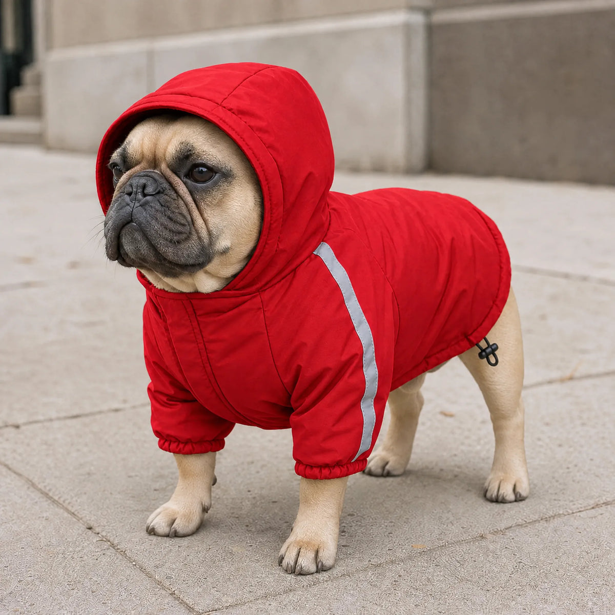 Cane con cappottino impermeabile rosso e cappuccio mentre passeggia in citta