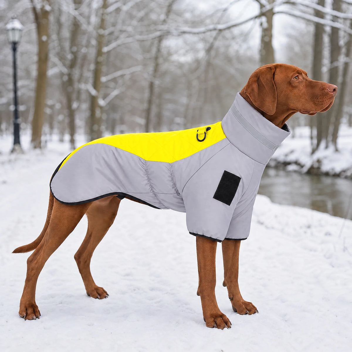 Cane nel parco innevato con cappotto invernale grigio e giallo con pettorina
